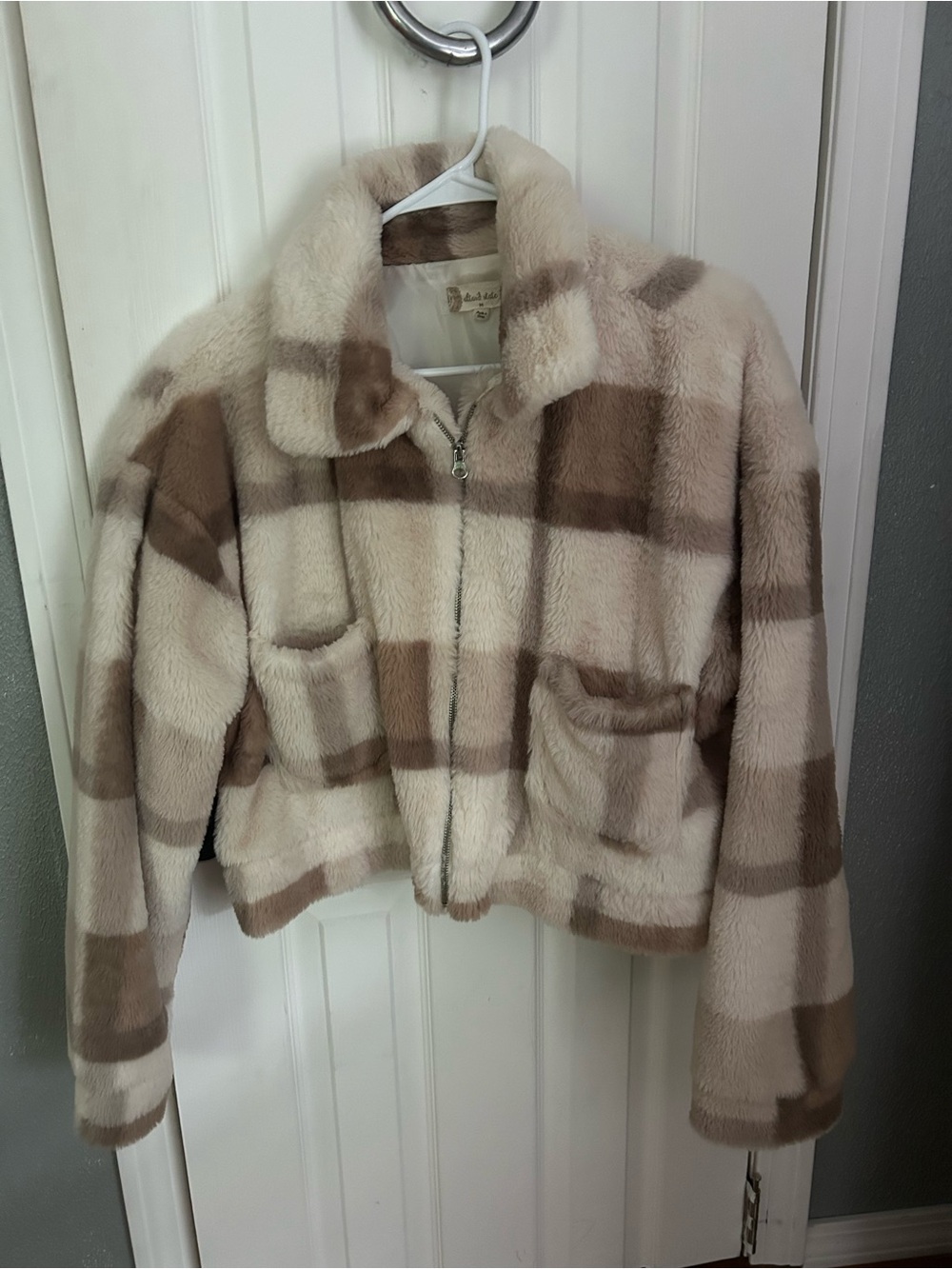 Altar'd State Beige & Brown Plaid Faux Fur Cropped Jacket